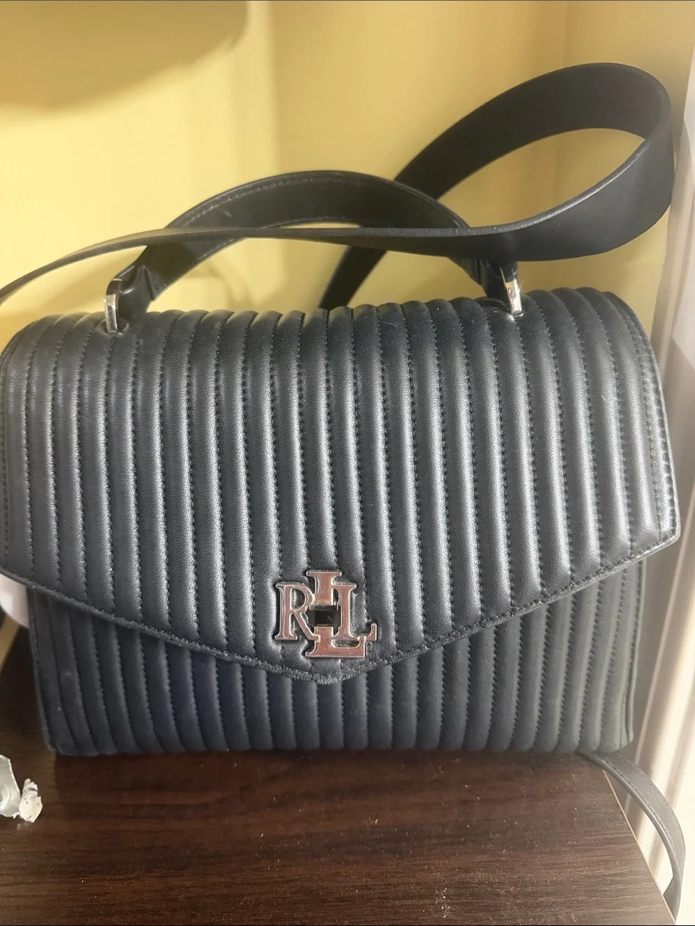 Ralph Lauren Quilted Black Leather Satchel with RL Emblem